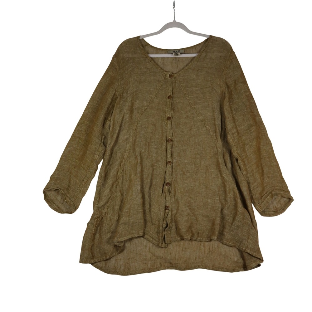 FLAX 100% Linen Tunic Top Brown Med Button Boho Hippie Granola Artsy Lagenlook